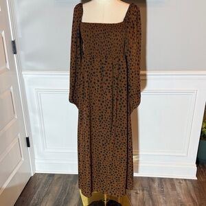 Elegant Long Sleeve Brown Leopard Print Peasant Style Dress With Slit